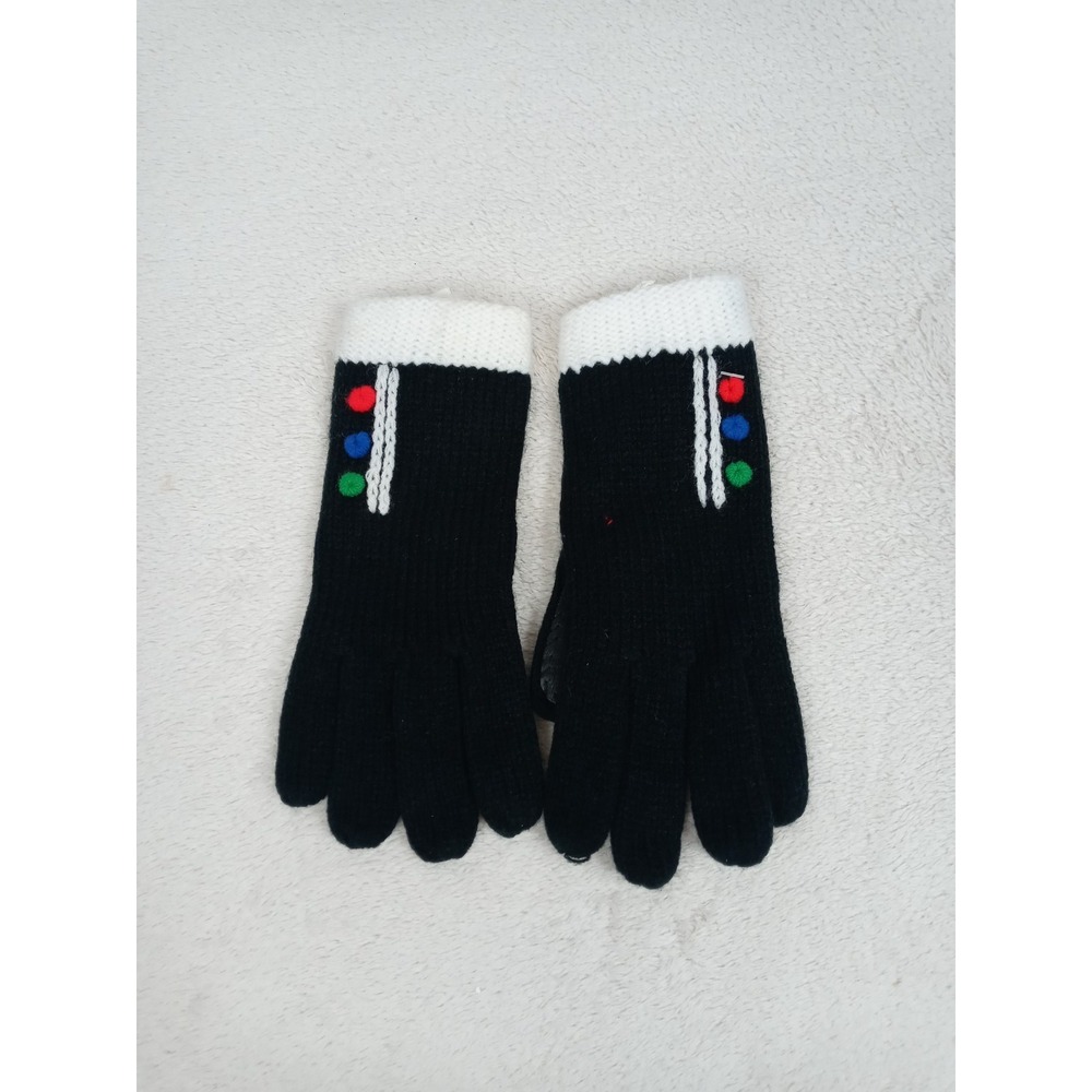 Vintage Sears Gloves Black Knit White Cuff Traffic Light Buttons Mod‎ 60s NOS